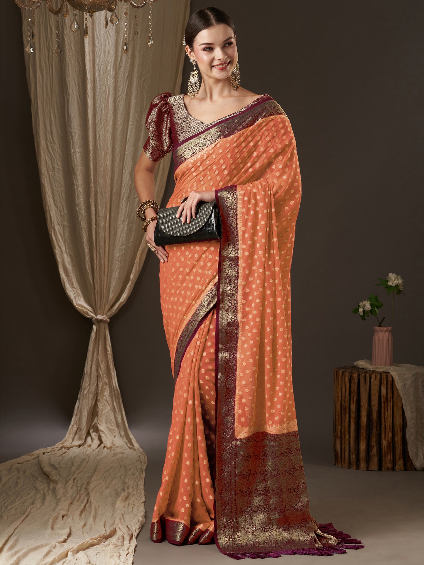 Women's Georgette Peach Woven Design Designer Saree With Blouse Piece
