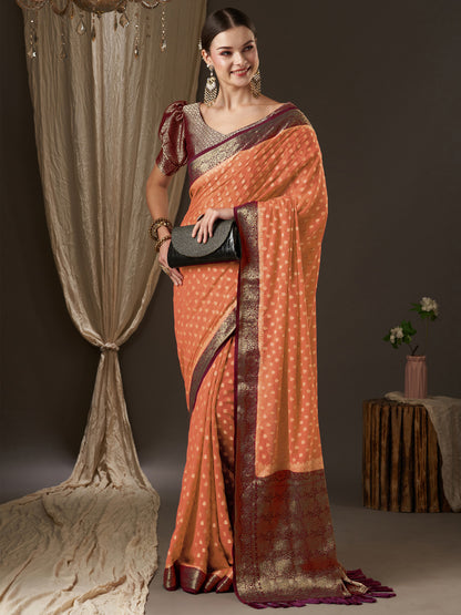 Women's Georgette Peach Woven Design Designer Saree With Blouse Piece