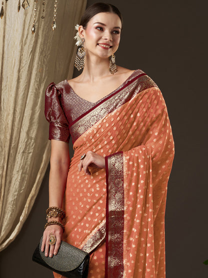 Women's Georgette Peach Woven Design Designer Saree With Blouse Piece