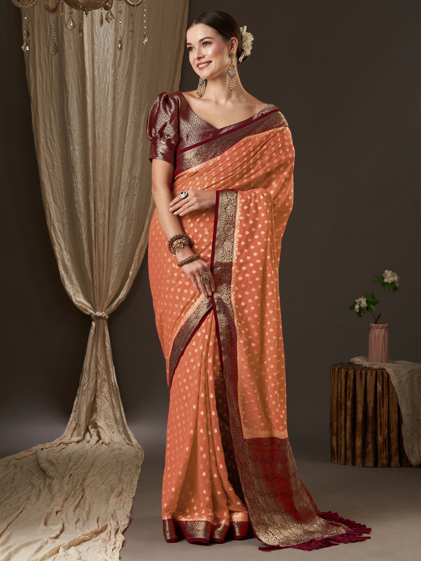 Women's Georgette Peach Woven Design Designer Saree With Blouse Piece