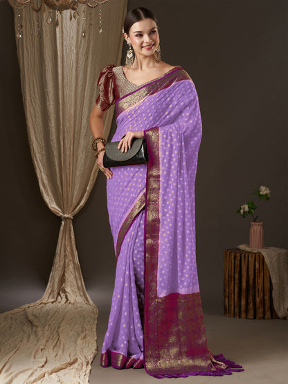 Women's Georgette Lavendar Woven Design Designer Saree With Blouse Piece