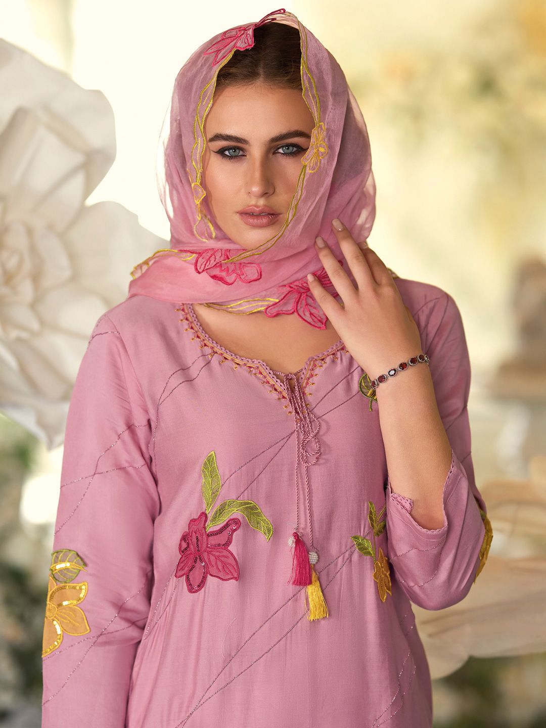 Floral Embroidered Tie-Up Neck Kurta With Trousers & Dupatta