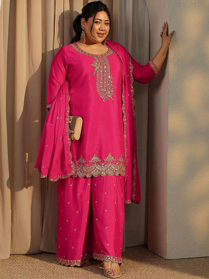 Dhiyona Women's Plus Size Ethnic Motifs Embroidered Kurta with Palazzo & Dupatta