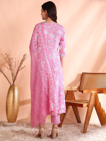 Dhiyona OD  Thread Work Pure Cotton Anarkali Kurta with Trousers & Dupatta