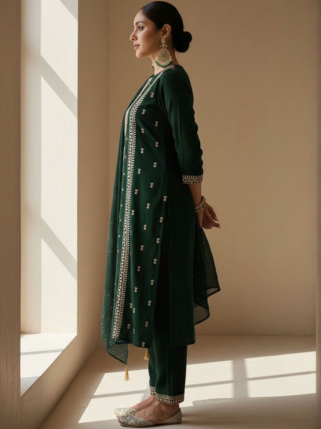 Ethnic Motifs Embroidered Round Neck Thread Work Kurta With Trousers & Dupatta