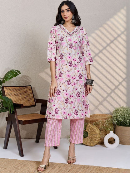 Women Floral Printed Thread Work Pure Cotton Kurta with Trousers & Dupatta