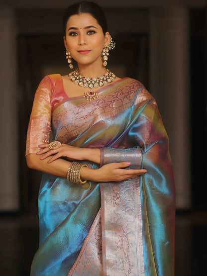 Women's Tissue Teal blue Woven Design Designer Saree With Blouse Piece