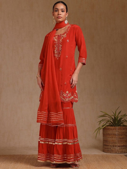 Dhiyona SO Women's Women Floral Regular Mirror Work Silk Crepe Kurta with Sharara & With Dupatta