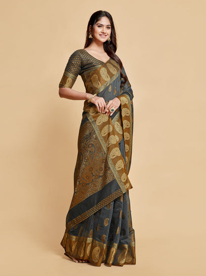 Dhiyona GR Women's Avantika Gunsmoke Grey Zari Woven Design Chanderi Cotton Saree