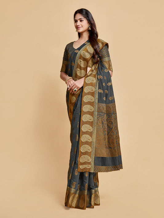 Dhiyona GR Women's Avantika Gunsmoke Grey Zari Woven Design Chanderi Cotton Saree