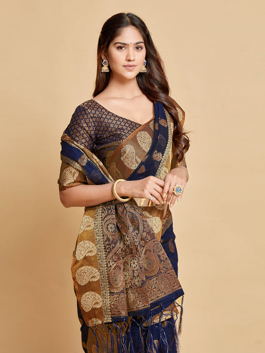 Dhiyona GR Women's Avantika Midnight Blue Zari Woven Design Chanderi Cotton Saree