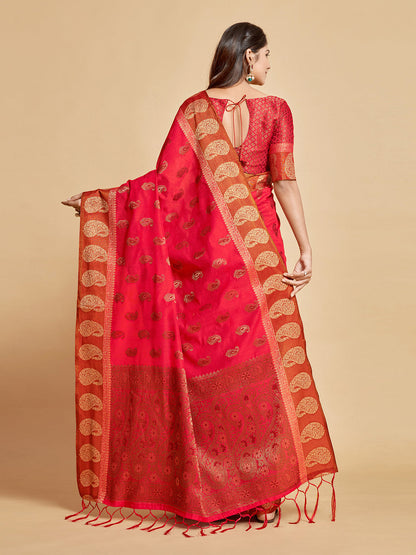 Dhiyona GR Women's Avantika Fiery Rose Zari Woven Design Chanderi Cotton Saree