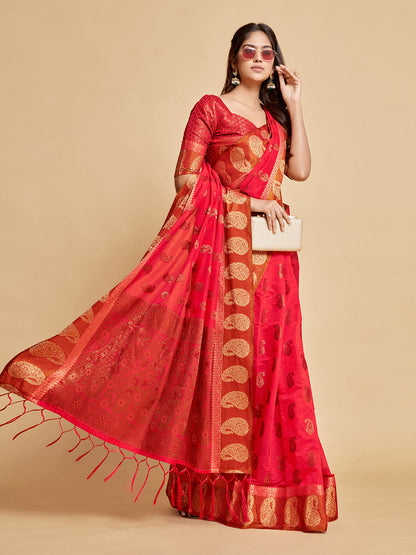 Dhiyona GR Women's Avantika Fiery Rose Zari Woven Design Chanderi Cotton Saree