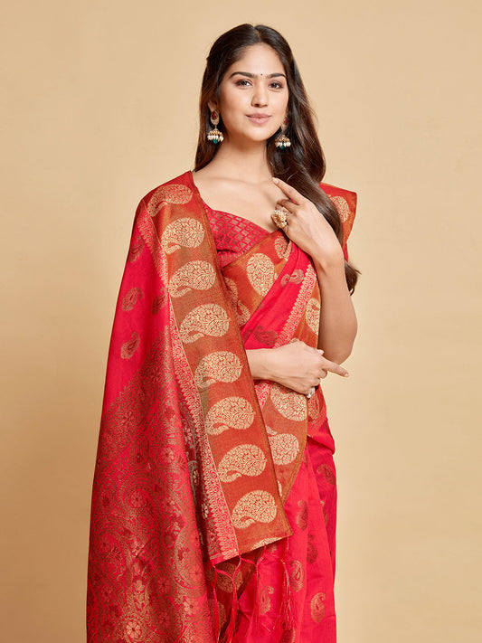 Dhiyona GR Women's Avantika Fiery Rose Zari Woven Design Chanderi Cotton Saree