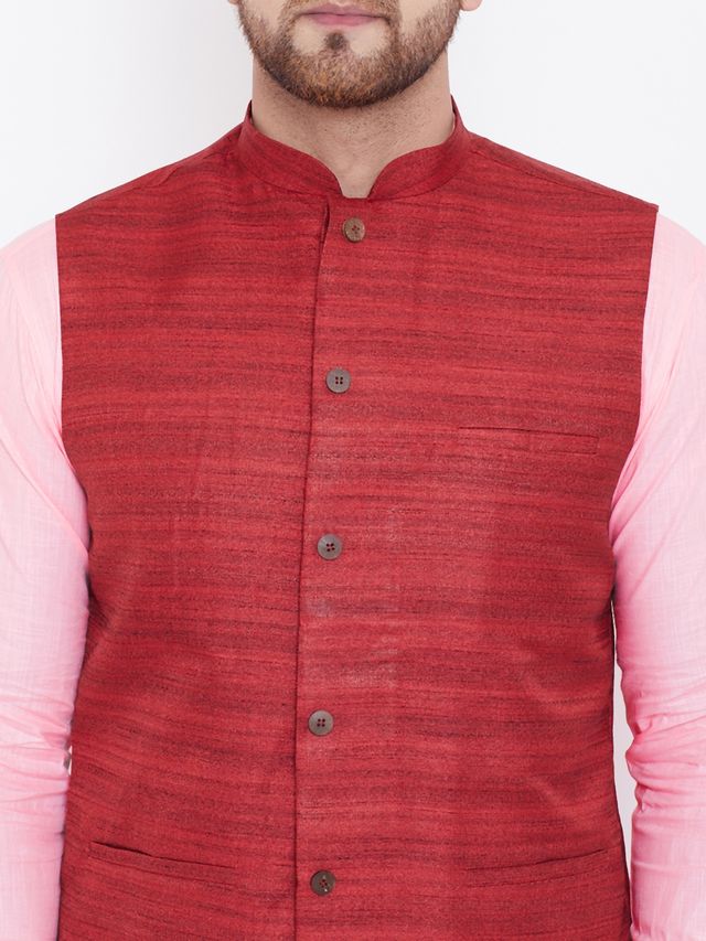 Men's Pink Cotton Blend Straight Jacket  Kurta and Pyjama Set