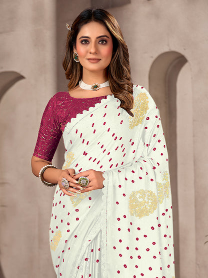 Women's Chiffon White Embellished Celebrity Saree With Blouse Piece