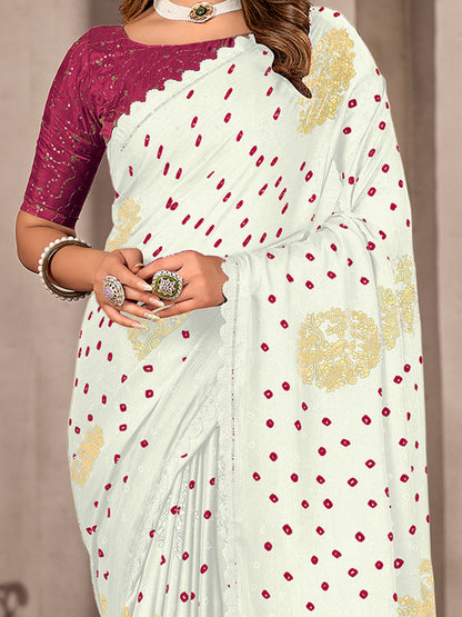 Women's Chiffon White Embellished Celebrity Saree With Blouse Piece