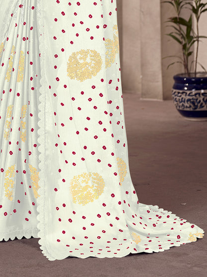 Women's Chiffon White Embellished Celebrity Saree With Blouse Piece