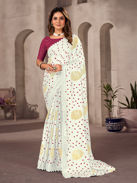 Women's Chiffon White Embellished Celebrity Saree With Blouse Piece