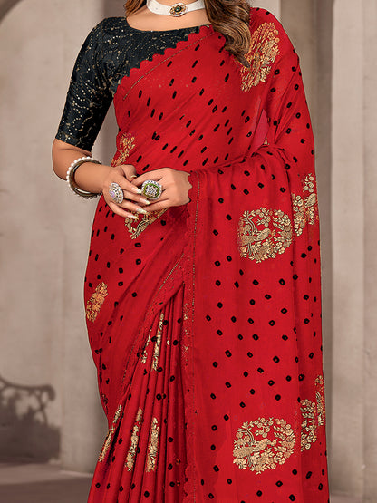 Women's Chiffon Red Embellished Celebrity Saree With Blouse Piece