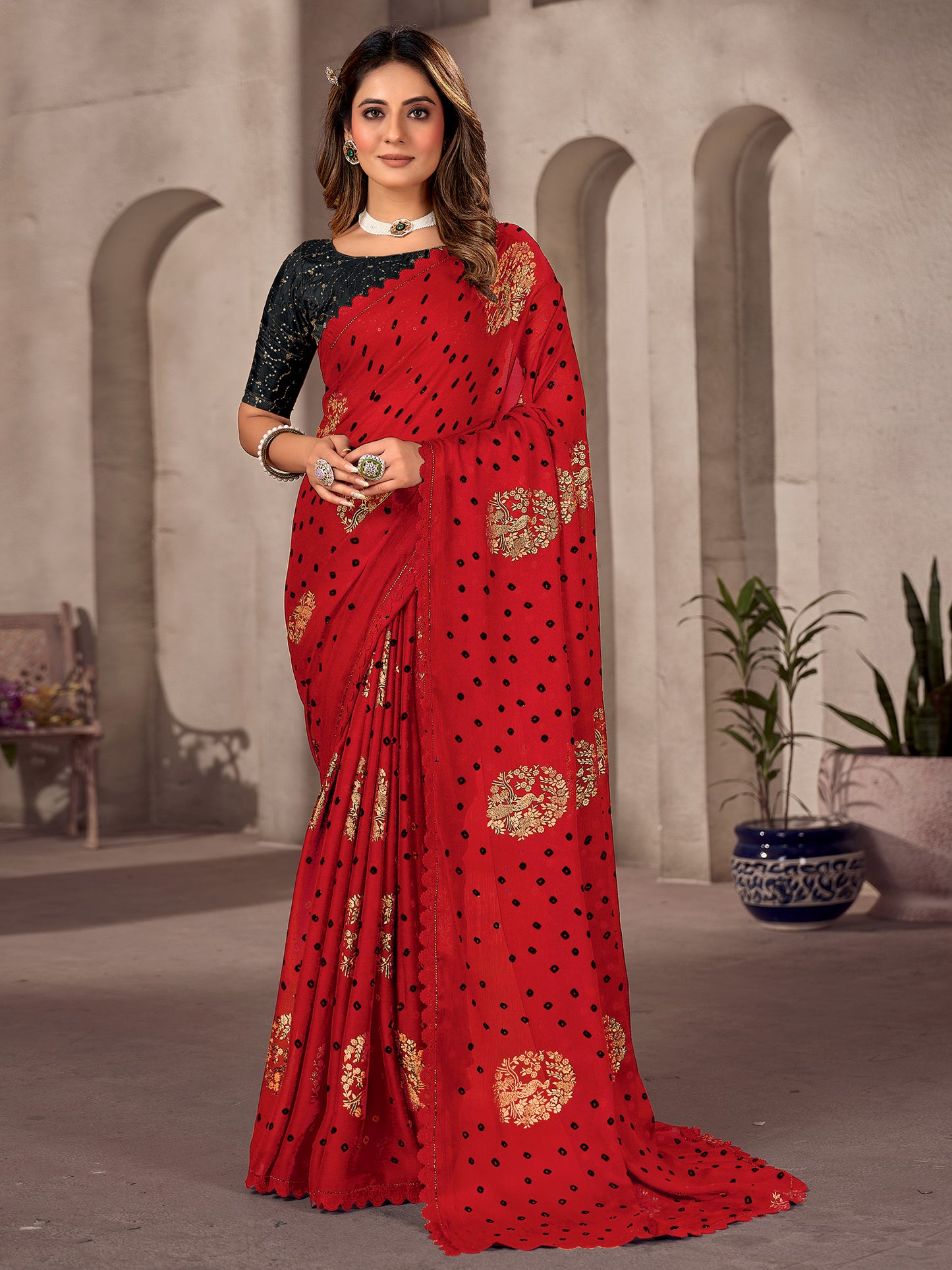 Women's Chiffon Red Embellished Celebrity Saree With Blouse Piece