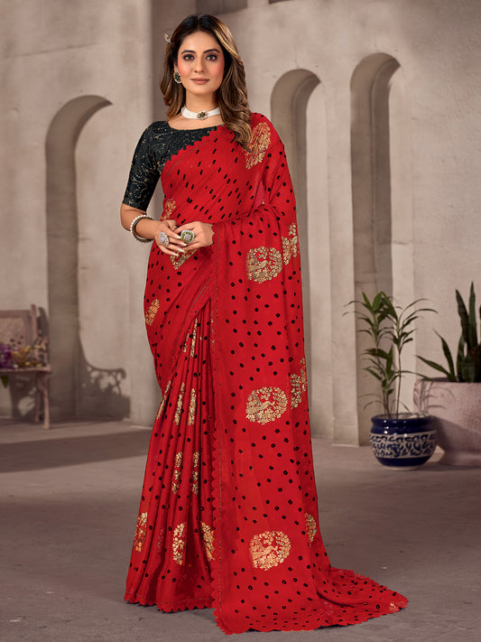 Women's Chiffon Red Embellished Celebrity Saree With Blouse Piece