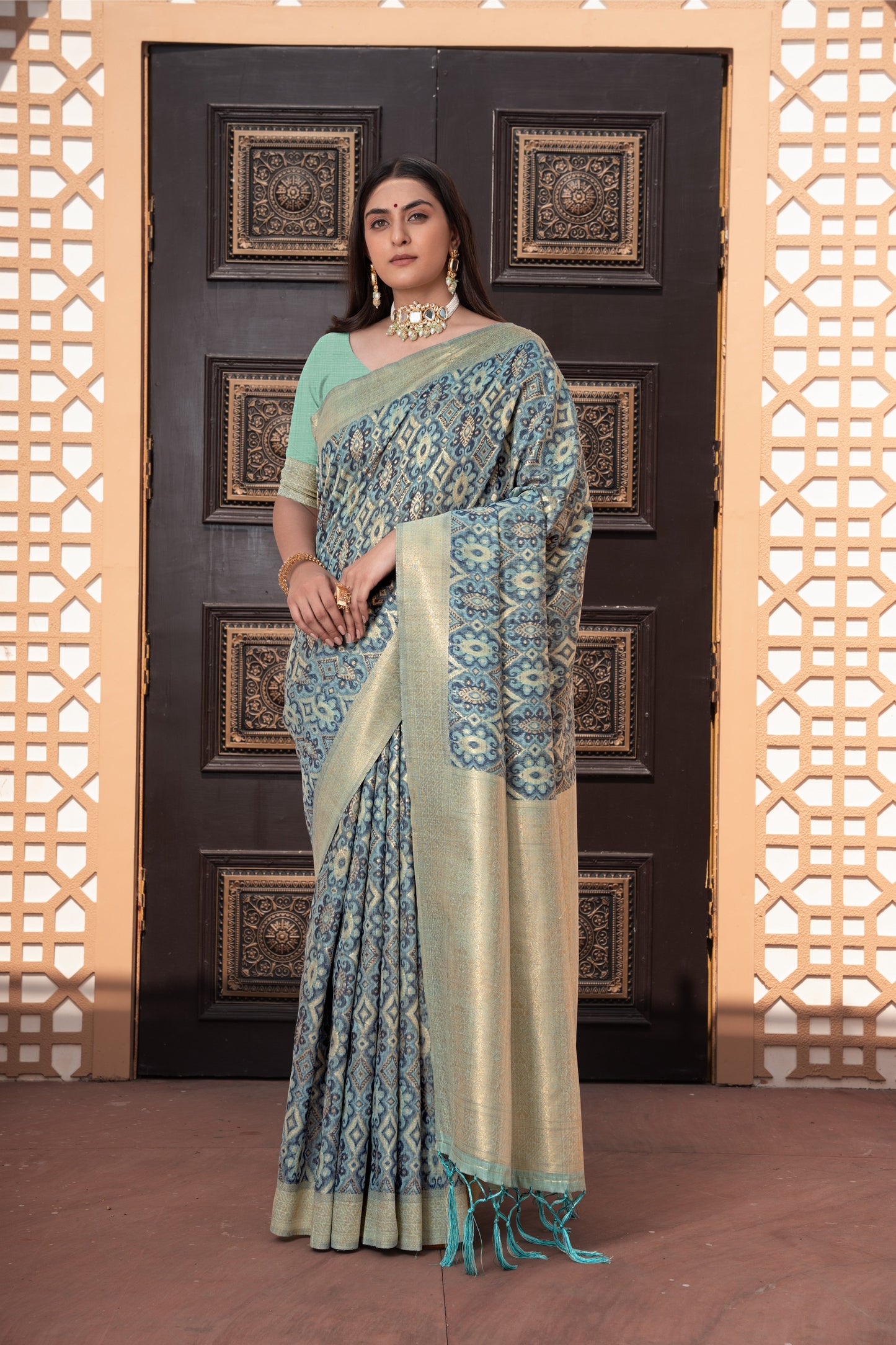 Dhiyona GR Women's Avika Blue Cotton Ikat Silk Saree