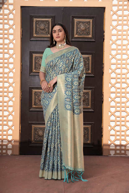 Dhiyona GR Women's Avika Blue Cotton Ikat Silk Saree
