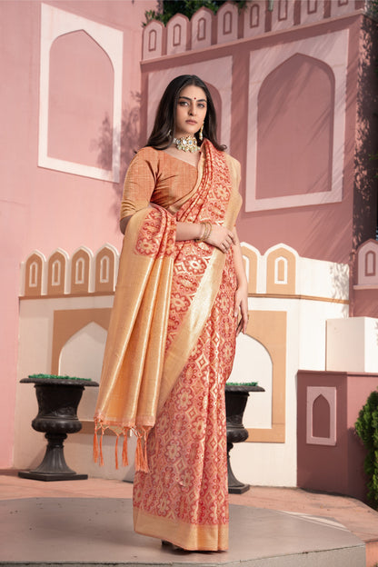 Dhiyona GR Women's Avika Peach Cotton Ikat Silk Saree