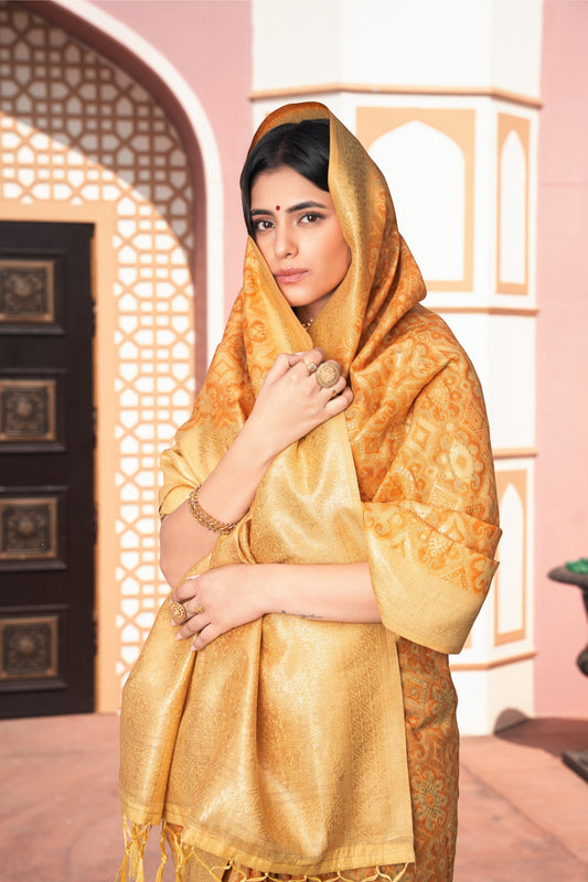 Dhiyona GR Women's Avika Yellow Cotton Ikat Silk Saree