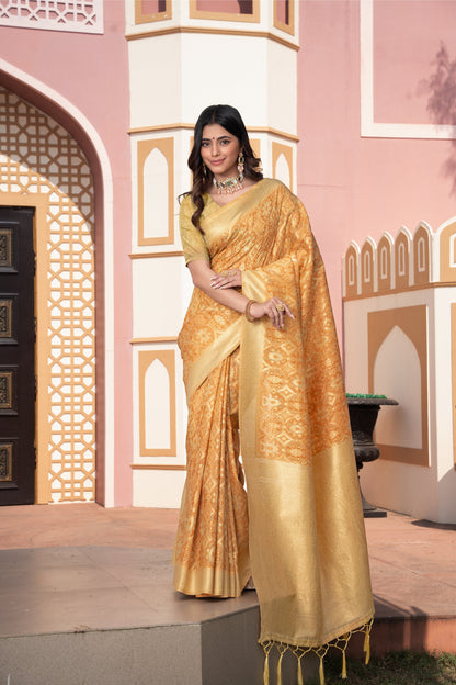 Dhiyona GR Women's Avika Yellow Cotton Ikat Silk Saree