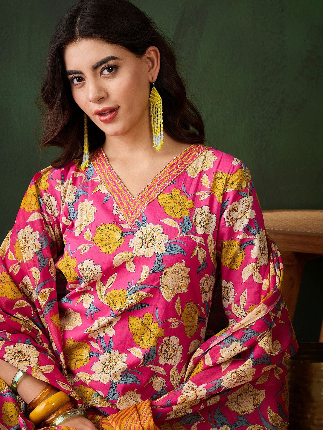 Dhiyona SN Women's Floral Printed Sequinned Pure Cotton Straight Kurta & Trouser With Dupatta