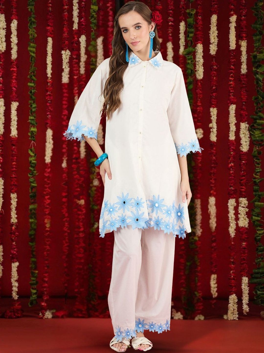 Dhiyona IE Women Floral Embroidered Regular Thread Work Pure Cotton Kurta with Trousers