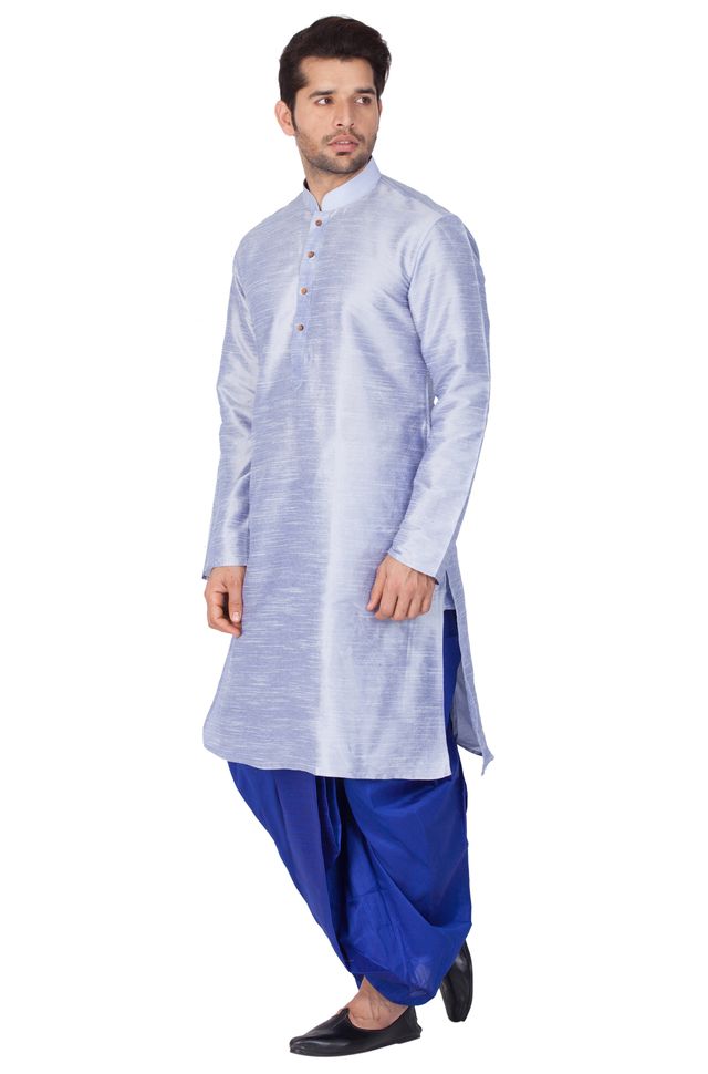 Men's Bluish White Silk Blend Straight Kurta and Dhoti Set