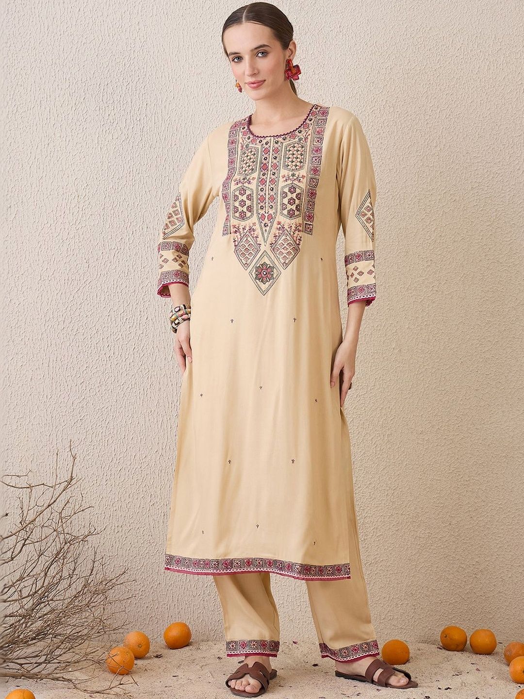 Women Ethnic Motifs Embroidered Regular Thread Work Kurta with Trousers & With Dupatta