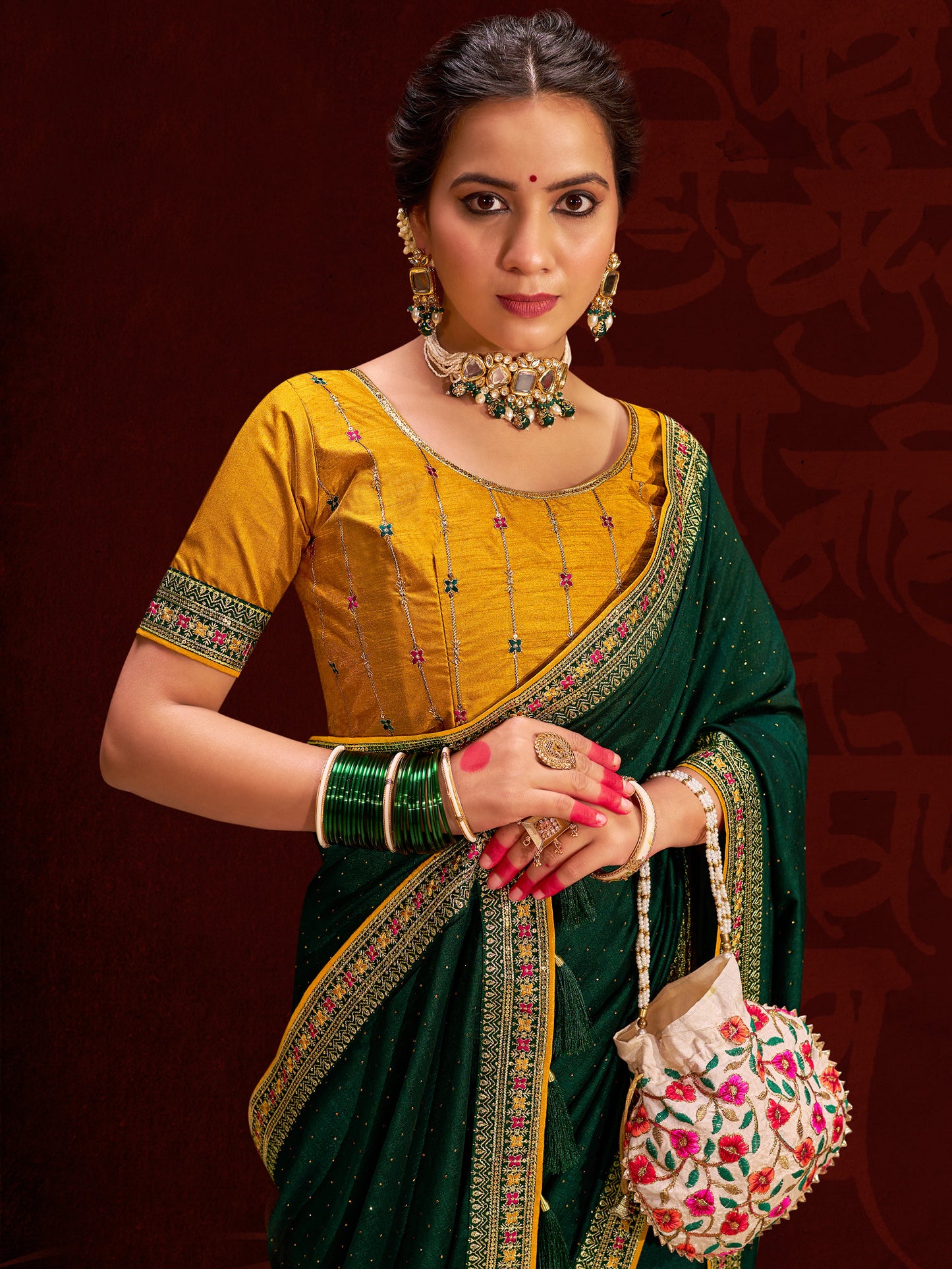 Women's Vichitra Silk Green Embellished Designer Saree With Blouse Piece