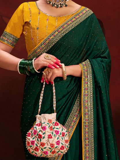 Women's Vichitra Silk Green Embellished Designer Saree With Blouse Piece