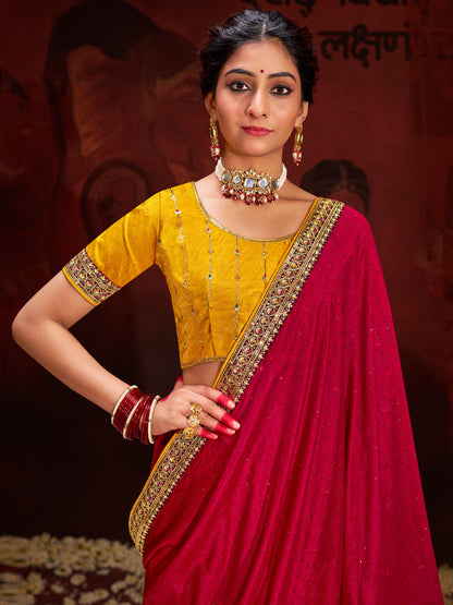 Women's Vichitra Silk Pink Embellished Designer Saree With Blouse Piece