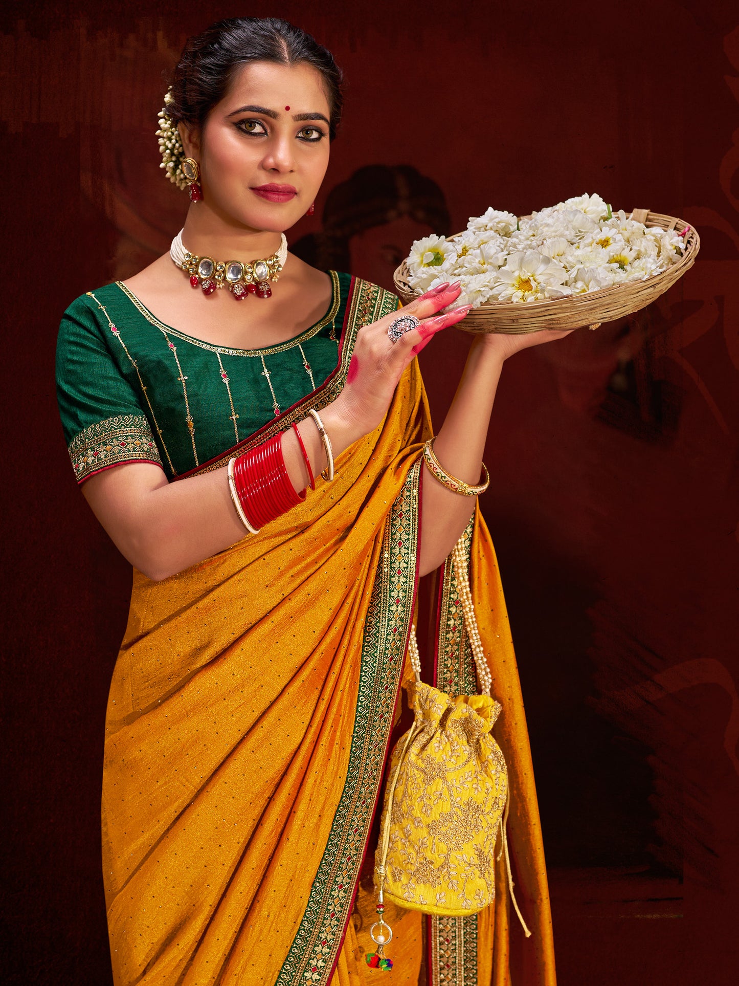 Women's Vichitra Silk Yellow Embellished Designer Saree With Blouse Piece
