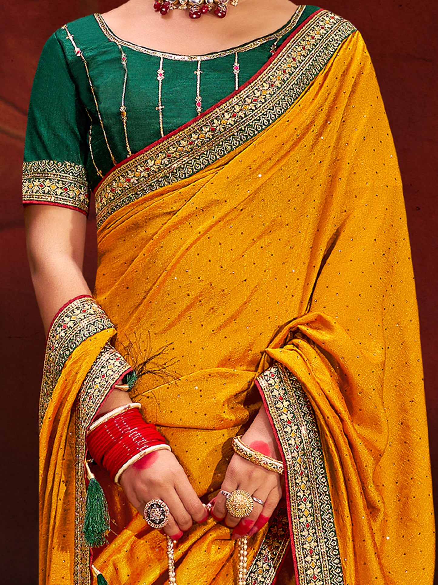 Women's Vichitra Silk Yellow Embellished Designer Saree With Blouse Piece