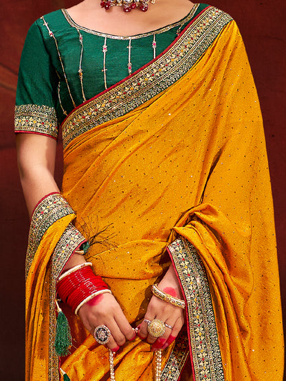 Women's Vichitra Silk Yellow Embellished Designer Saree With Blouse Piece