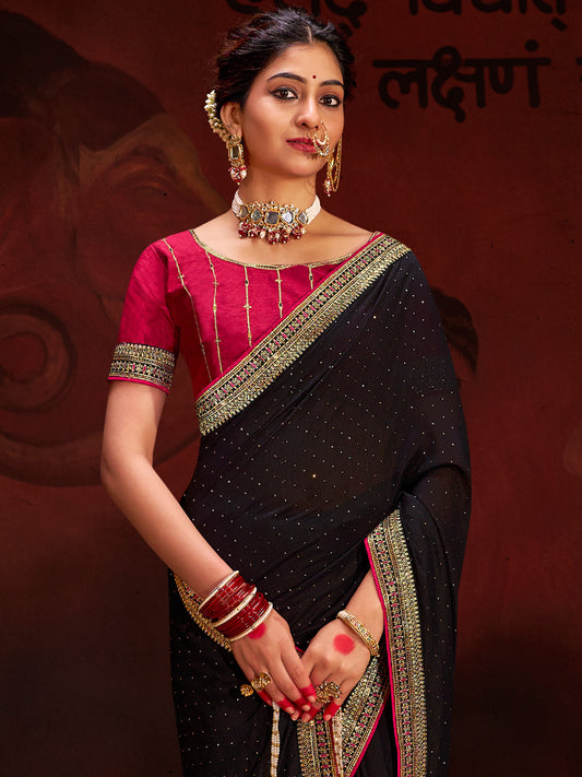 Women's Vichitra Silk Black Embellished Designer Saree With Blouse Piece