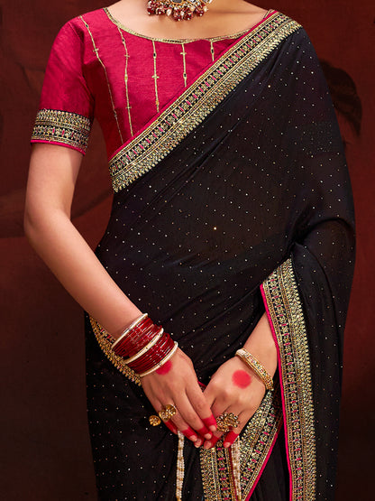 Women's Vichitra Silk Black Embellished Designer Saree With Blouse Piece