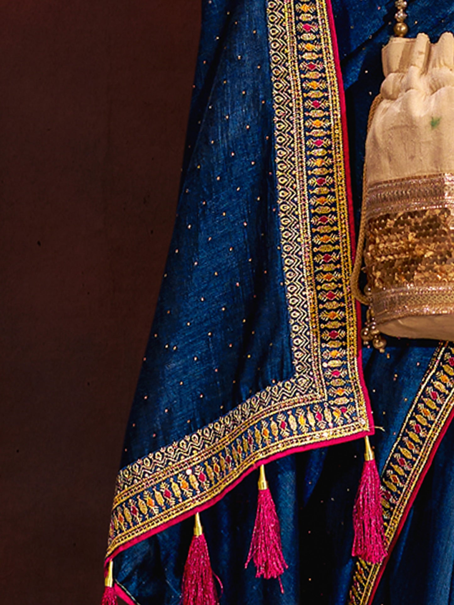 Women's Vichitra Silk Navy Blue Embellished Designer Saree With Blouse Piece