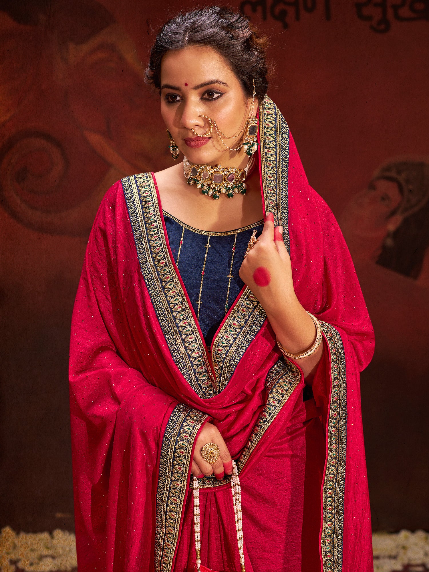 Women's Vichitra Silk Pink Embellished Designer Saree With Blouse Piece