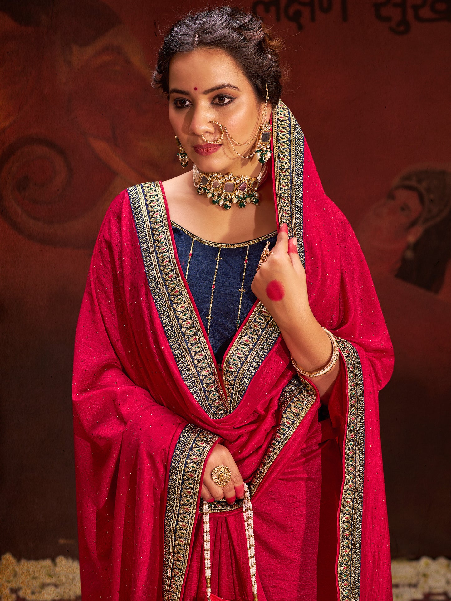 Women's Vichitra Silk Pink Embellished Designer Saree With Blouse Piece