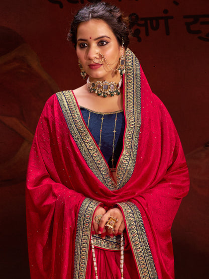 Women's Vichitra Silk Pink Embellished Designer Saree With Blouse Piece