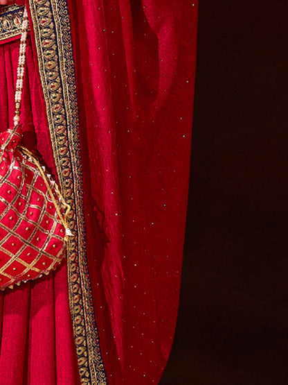 Women's Vichitra Silk Pink Embellished Designer Saree With Blouse Piece