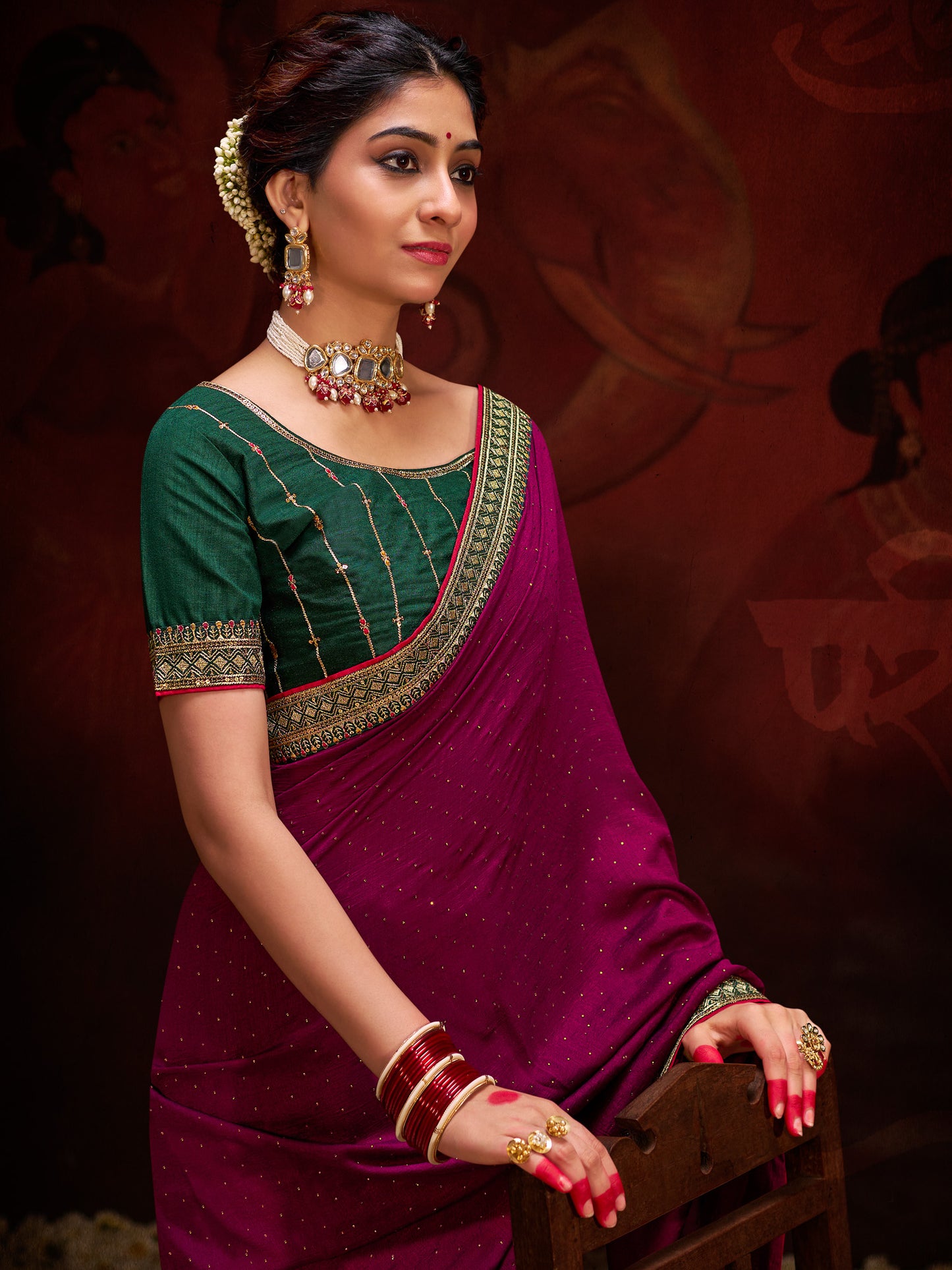 Women's Vichitra Silk Olive Embellished Designer Saree With Blouse Piece