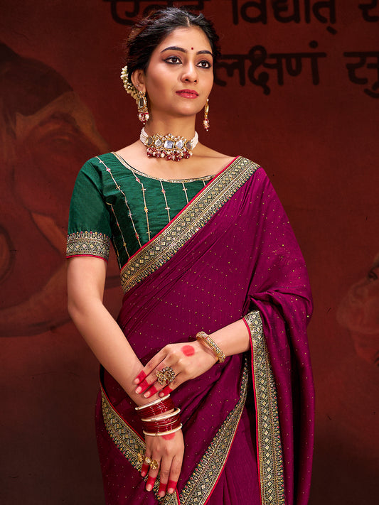 Women's Vichitra Silk Olive Embellished Designer Saree With Blouse Piece